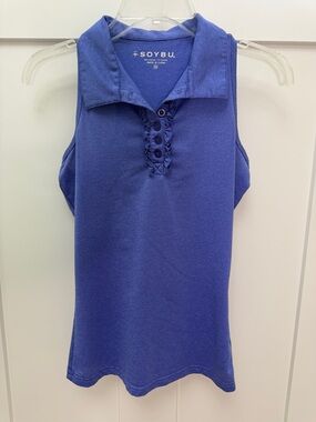 Soybu Sleeveless Polo Tank with Ruffle Placket